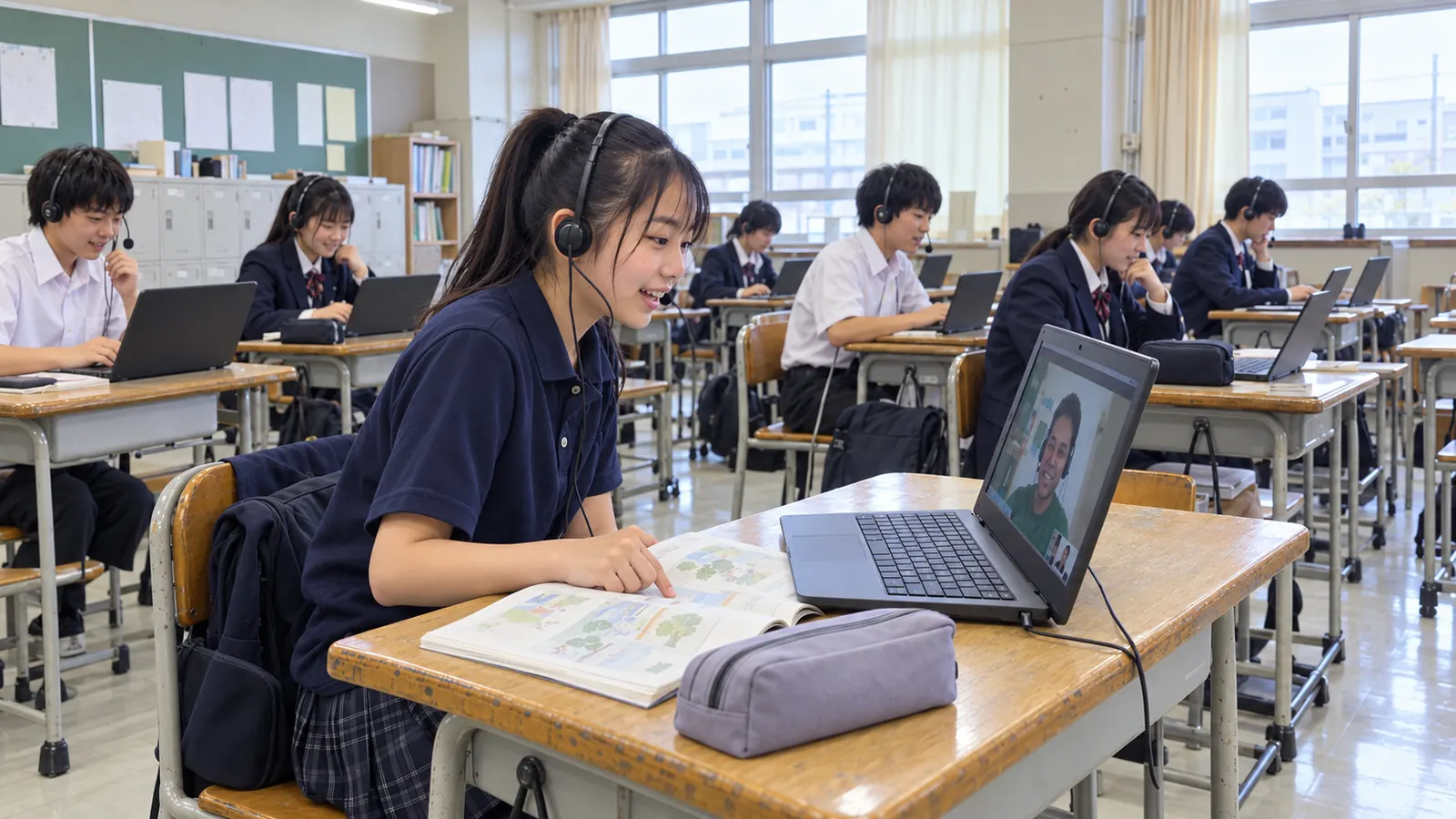 教室で1人1台のPCに向かい、画面の講師と話す生徒