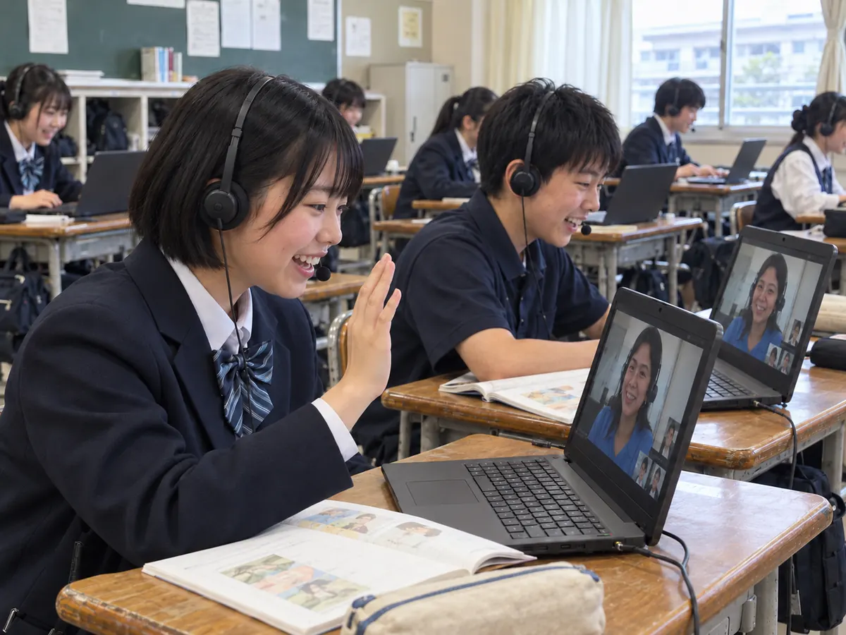 教室で1人1台のPCからビデオ通話に参加し、講師に向けて手を挙げる生徒