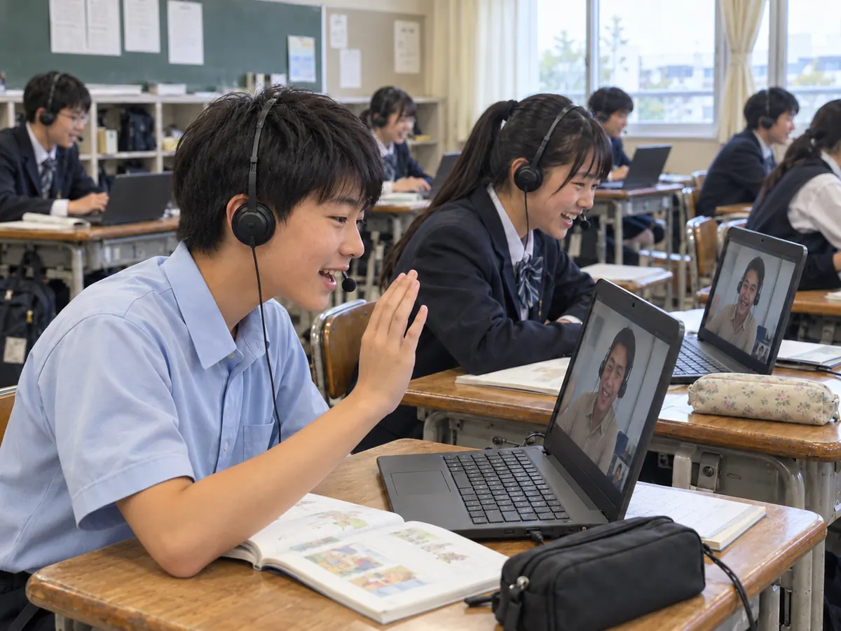 教室で1人1台のPCから同じビデオ通話に参加し、手を挙げて発言する生徒